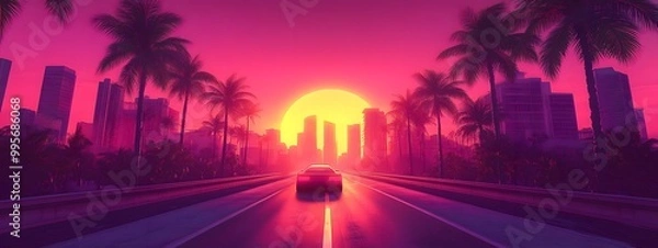 Fototapeta A synthwave background with palm trees and the sun setting behind an urban skyline, featuring retro-futuristic elements like vintage cars and neon lights