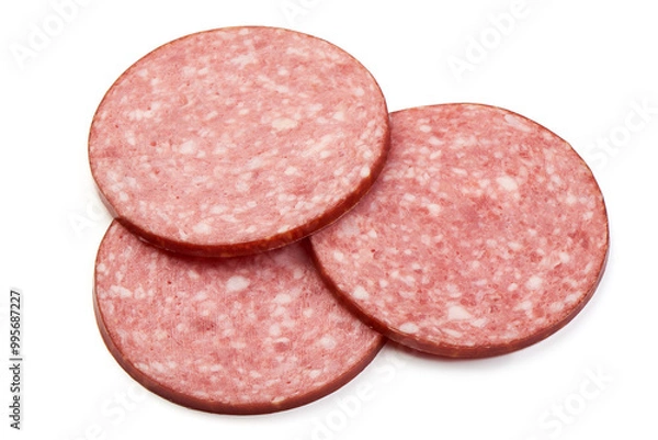 Fototapeta Traditional salami smoked sausage, isolated on white background. High resolution image.