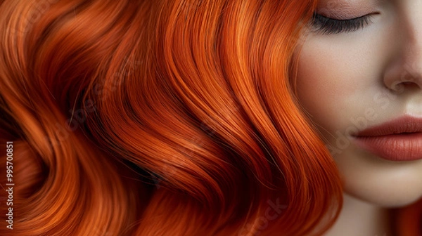 Fototapeta A close-up view of vibrant, wavy, reddish-orange hair that cascades down, partially covering a person's face. The hair's texture is smooth, with individual strands beautifully highlighted