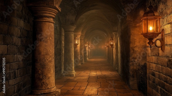 Fototapeta A dimly lit, atmospheric corridor, possibly within a castle or ancient structure. Stone pillars flank the pathway, with torches mounted on them emitting a warm, orange glow.