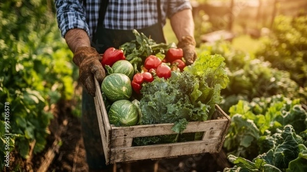 Fototapeta A farmer stands in front of a crate of recently gathered vegetables.