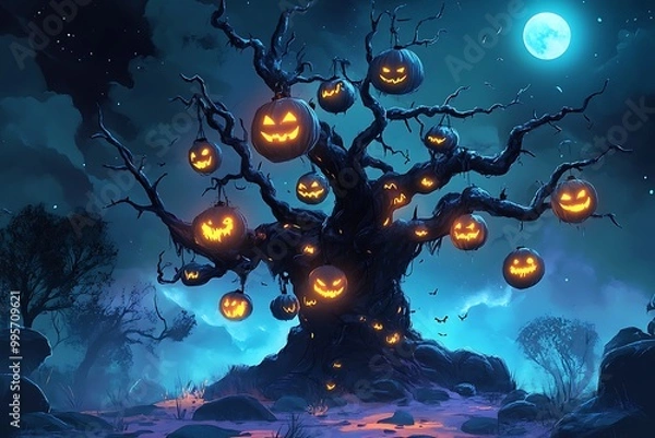Fototapeta Spooky Halloween Tree with Jack-o'-Lanterns and Full Moon.