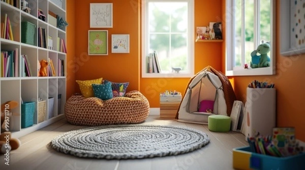 Obraz A cozy playroom with colorful decor, featuring a large beanbag chair, a play tent, and a bookshelf filled with books. The room is brightly lit with natural sunlight.
