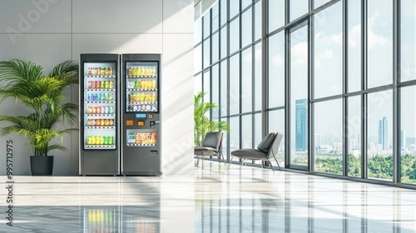 Fototapeta Two modern vending machines are located in the lobby of a contemporary office building with a large window overlooking a city skyline.