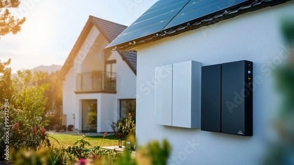 Fototapeta A white and black home energy storage system mounted on the side of a house. Solar panels are visible on the roof.