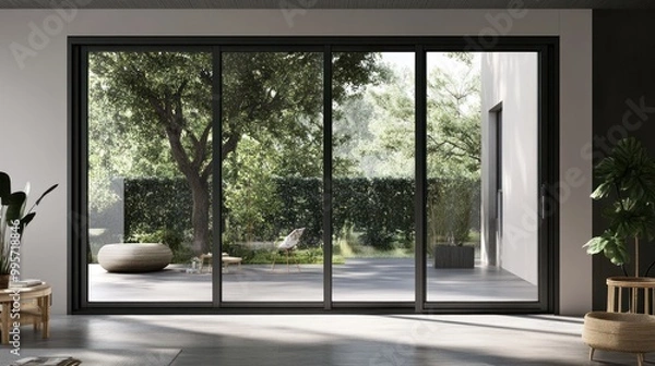 Obraz A modern interior with sliding glass doors that open to a green garden with a tree and patio furniture.