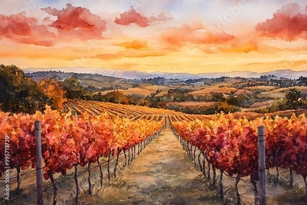 Fototapeta Watercolor Painting of Vineyards Across Rolling Hills in Autumn: Grapevines in Rich Reds and Oranges Under Golden Sunset