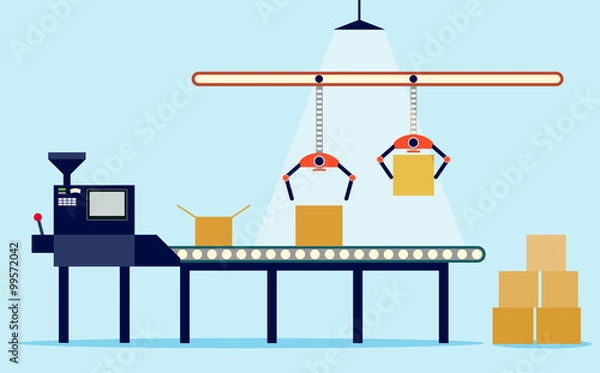 Fototapeta Conveyor system in flat design. Vector illustration