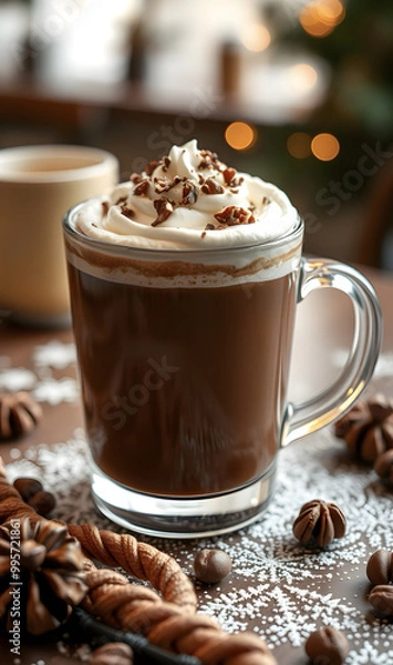 Fototapeta On the table there is a hot chocolate drink with whipped cream and nuts, cocoa, a cup of hot chocolate drink, cappuccino, hot coffee. The cafe background creates a cozy atmosphere. High-quality food p