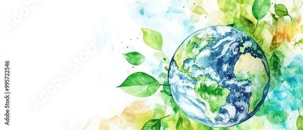 Fototapeta Watercolor image of Earth with leaves symbolizing ESG reporting in corporate governance, featuring soft hues and vibrant greens and blues
