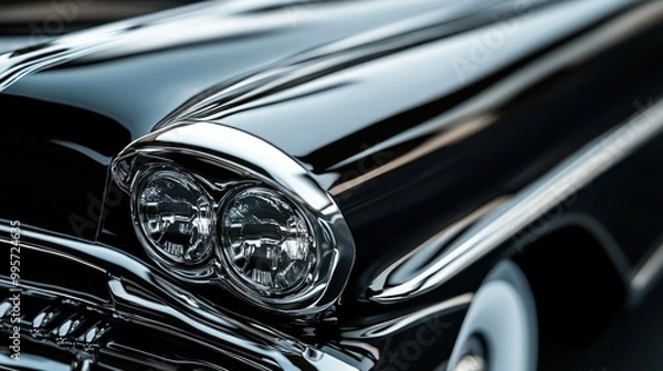 Fototapeta Close-up shot of the headlights and fender of a classic black car, showcasing the chrome details and the shiny paint.