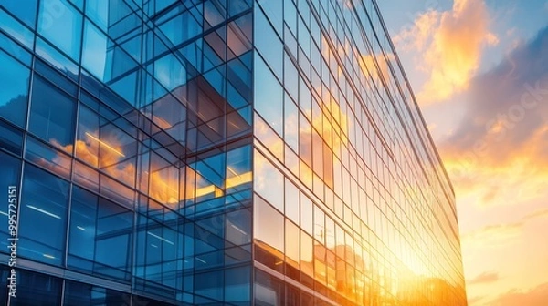Obraz A modern skyscraper with a glass facade reflecting the beautiful sunset sky. The building's clean lines and geometric shapes are highlighted by the warm light.