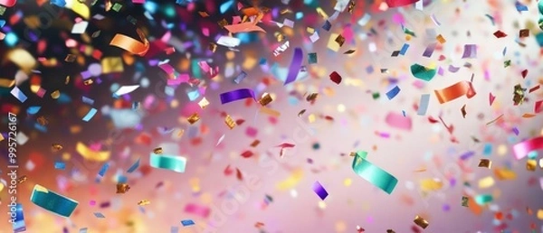 Fototapeta Colorful Birthday Confetti Raining Down with Muffin Decorations, Creating a Vibrant and Festive Pattern for Celebratory Atmosphere
