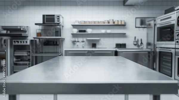 Obraz Closeup of a clean, shiny stainless steel countertop in a professional kitchen. The countertop is positioned in the foreground with blurred appliances in the background.