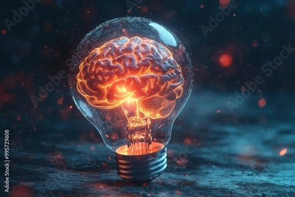 Fototapeta Brain inside a light bulb on dark blue background. Brainstorming or ideas concept.