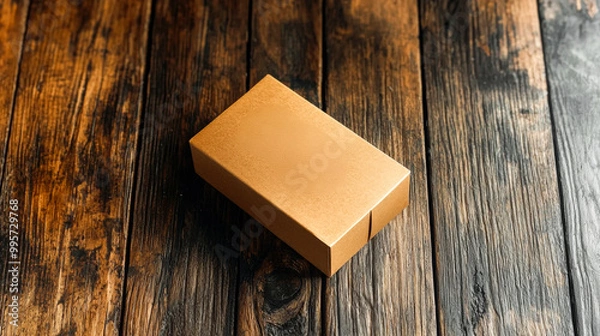 Fototapeta Rustic Cardboard Box on Wood: A simple, elegant product shot of a closed cardboard box resting on a dark brown wooden surface. Perfect for showcasing your product or creating a minimalist design.