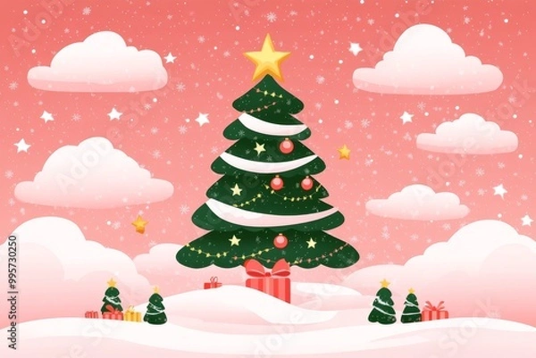 Fototapeta Cute illustrated Christmas tree on a snowy hill surrounded by playful clouds with colorful ornaments and a festive star evoking a whimsical and cheerful holiday spirit