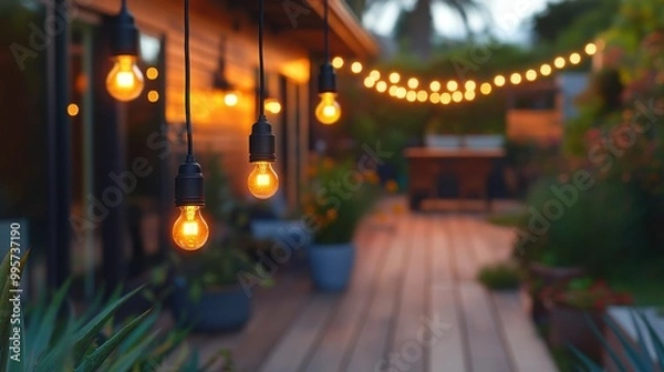 Fototapeta A beautiful walkway is adorned with dangling LED lights of varying lengths, creating a magical atmosphere under the night sky, illuminating the path below.