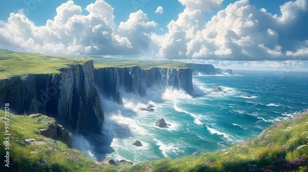 Obraz Dramatic Coastal Cliffs Overlooking the Crashing Ocean Waves in Stunning Natural Scenery