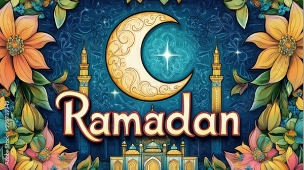 Fototapeta Detailed, colorful 3D stained glass illustration featuring the moon with an Islamic pattern, a mosque in the background, and the word "Ramadan" in large letters