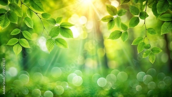 Fototapeta Beautiful green natural background with bokeh lights and sunbeams shining through fresh leaves