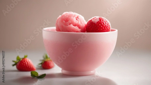 Fototapeta A pink bowl holds two scoops of pink ice cream and strawberry pieces. Fresh strawberries are beside the bowl.