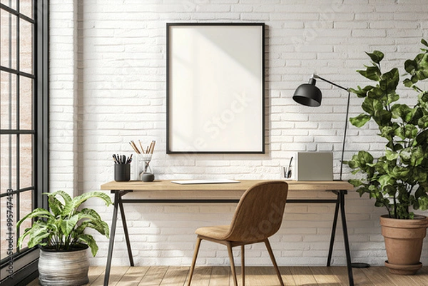 Fototapeta 3D Rendered Mockup Frame in a Home Office Interior with Mid-Century Modern Loft Design and Stylish Decor