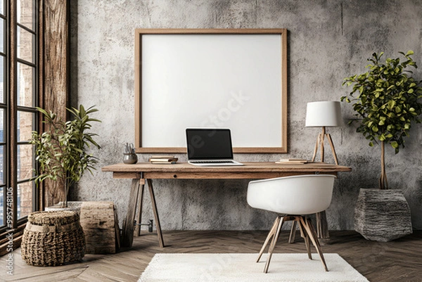 Fototapeta 3D Rendered Mockup Frame in a Home Office Interior with Mid-Century Modern Loft Design and Stylish Decor