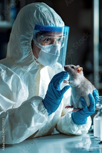 Fototapeta virologist holds a rat in his hands. Selective focus