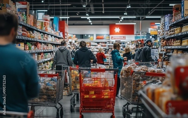 Fototapeta Massive Black Friday clearance event in a supermarket, overflowing carts filled with groceries, bold sale labels, and busy aisles with people grabbing lastminute deals