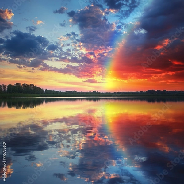Fototapeta A stunning sunset reflecting on the lake and river, with vibrant orange and red hues in the sky, surrounded by clouds and the peaceful beauty of nature