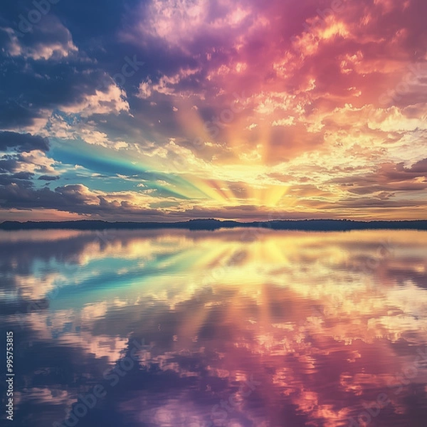 Fototapeta Sunset reflections on a tranquil lake with vibrant orange and red hues painting the sky and water, creating a beautiful evening landscape