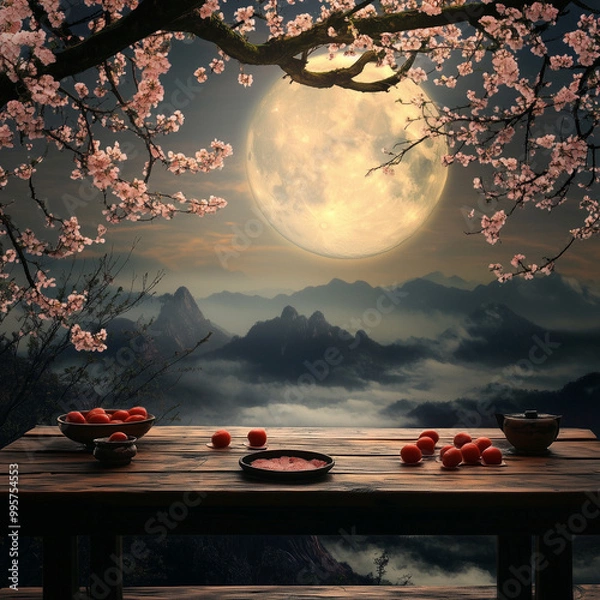 Fototapeta A bright moon, surrounded by trees and a tranquil sea at sunset