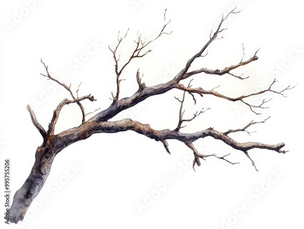 Fototapeta Dry tree branch with bare twigs, white isolate background.