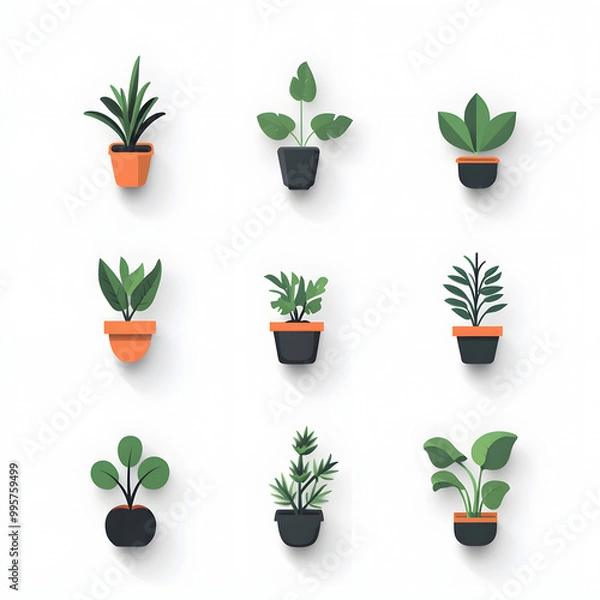 Fototapeta A collection of potted plants showcasing various leaves and flowers, representing growth and harmony with nature in a vibrant garden setting