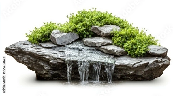 Fototapeta water is flowing on little grass growing on rocks stone and rocky cliff part with on white background