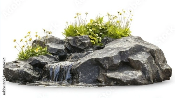 Fototapeta water is flowing on little grass growing on rocks stone and rocky cliff part with on white background