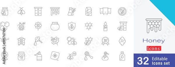 Fototapeta Honey editable  Stock Icon Set. containing jar of honey, bee farm, apiary, hive frame, honeycomb, hive, beeswax, royal jelly, quality and more stroke illustration 
