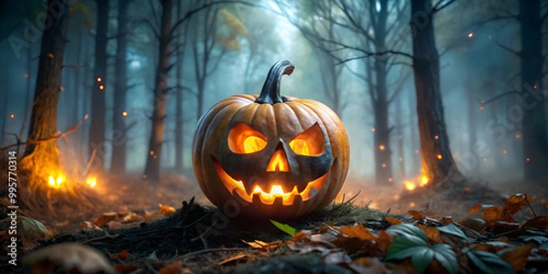 Obraz Jack-O-Lantern in the Haunted Forest: A chillingly beautiful Jack-o-Lantern glows ominously in a mystical forest, surrounded by flickering fireflies and an eerie mist.