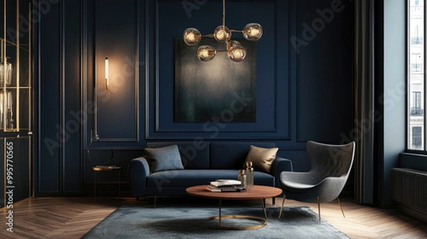 Fototapeta Dark blue wall, living room interior design with modern coffee table and armchair, home decor, golden lighting chandelier. Minimalist style in black and grey colors.