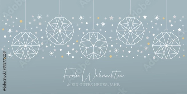 Fototapeta Weihnachtskarte mit Christbaumkugeln und Baumbehang silber - deutscher Text