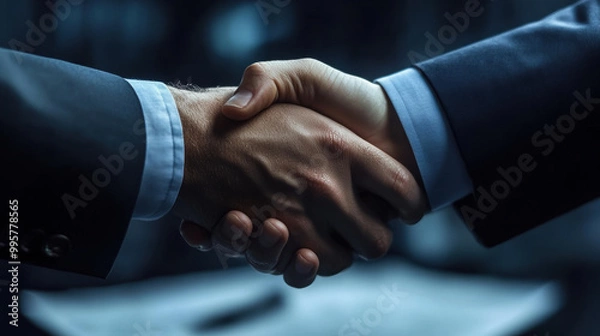 Fototapeta firm handshake symbolizes trust and agreement in professional setting, highlighting importance of negotiation and collaboration