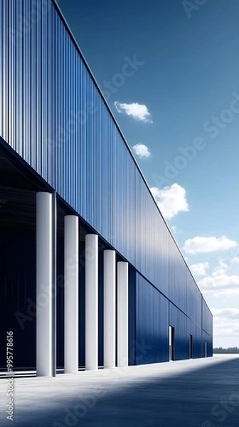 Obraz A modern warehouse with blue walls and a light gray roof, set against the backdrop of clear skies in an empty parking lot