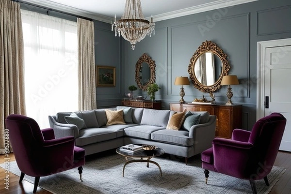 Fototapeta Vintage-inspired interior living room design with a chic gray sectional and plush velvet chairs.