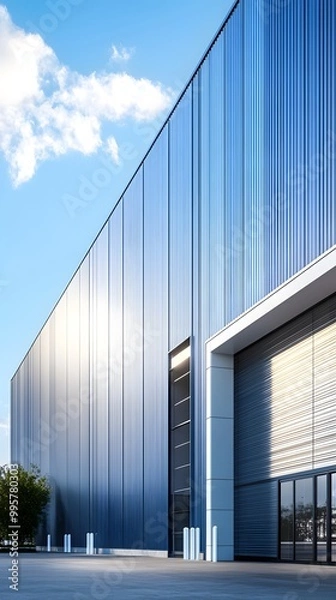 Fototapeta A modern warehouse with blue walls and a light gray roof, set against the backdrop of clear skies in an empty parking lot