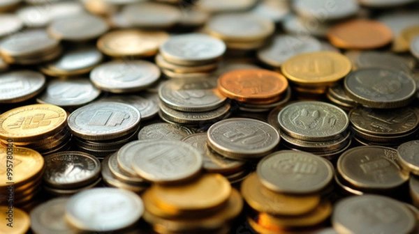 Fototapeta close up view of various coins scattered on surface, showcasing different denominations and colors. image captures texture and shine of coins, evoking sense of wealth and currency