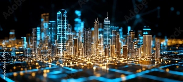 Obraz A holographic city planner tool showing buildings rising and falling in a virtual cityscape 