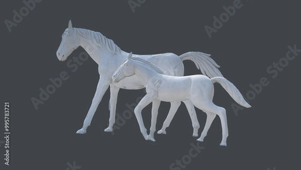 Obraz two white horse runinng Statue on grey background 