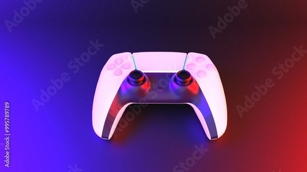 Fototapeta Modern white gamepad illuminated in red and blue. Game controller for video games and e-sports on a dark back
