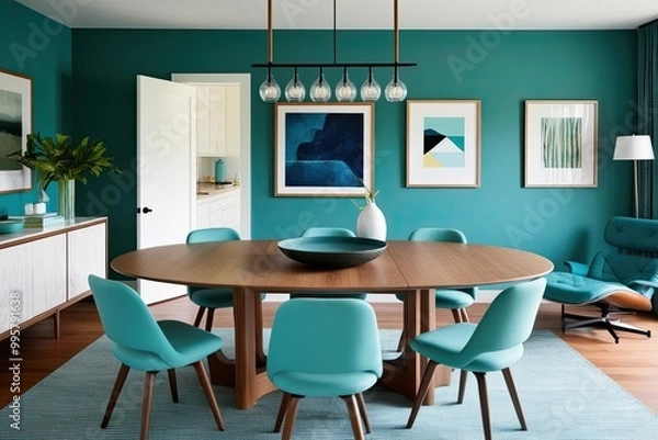 Fototapeta Seafoam Chairs and Oval Oak Dining Table in a Contemporary Living Space with Teal Walls and Lounge Chair